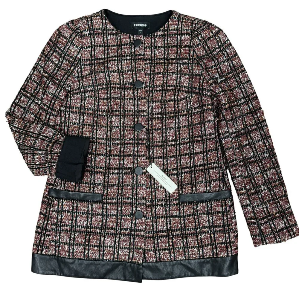 EXPRESS Women's NWT Metallic Tweed Blazer Coat Jacket Faux Leather Trim | Size S